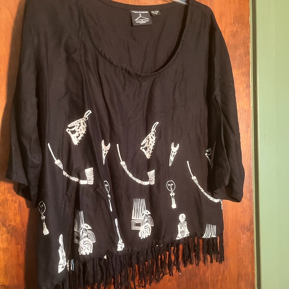 Black Fringe Swim Coverup with White Graphic Print